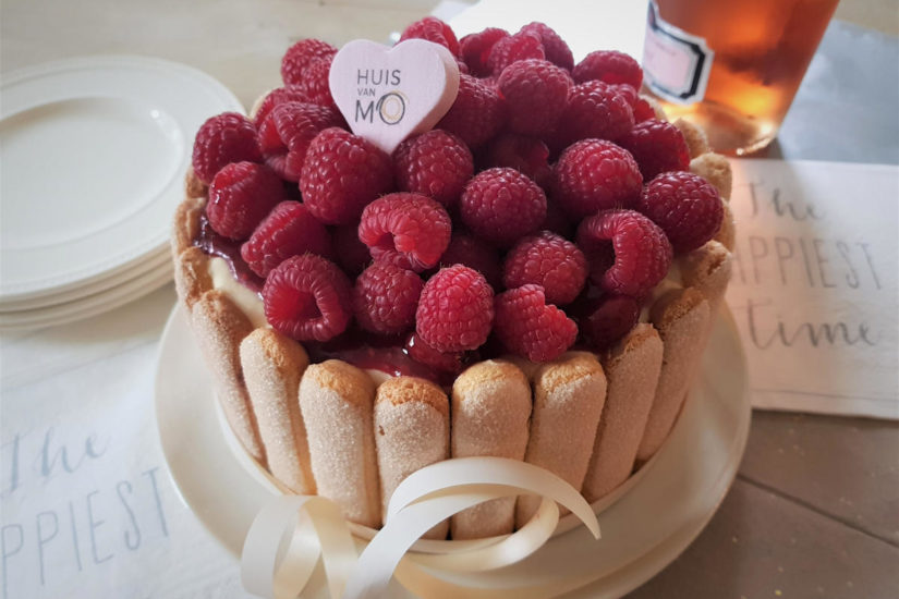 verrukkelijk champagne taartje met lange vingers en topping van frambozen