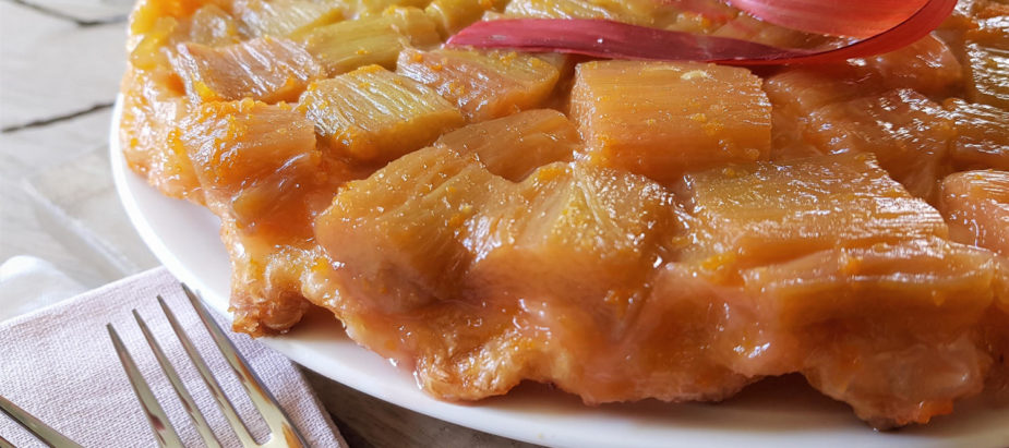 prachtige én lekkere tarte tatin rabarbertaart, gedecoreerd met rode rabarberschil linten